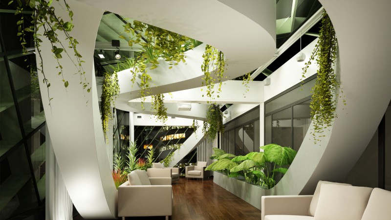 Living room, design, high-tech, modern, plants, light shades (horizontal)