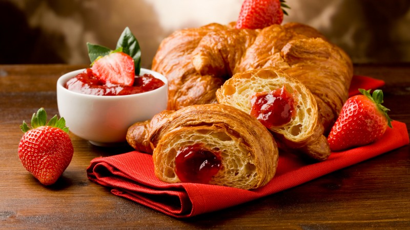 French croissants, fruit, strawberry jam (horizontal)