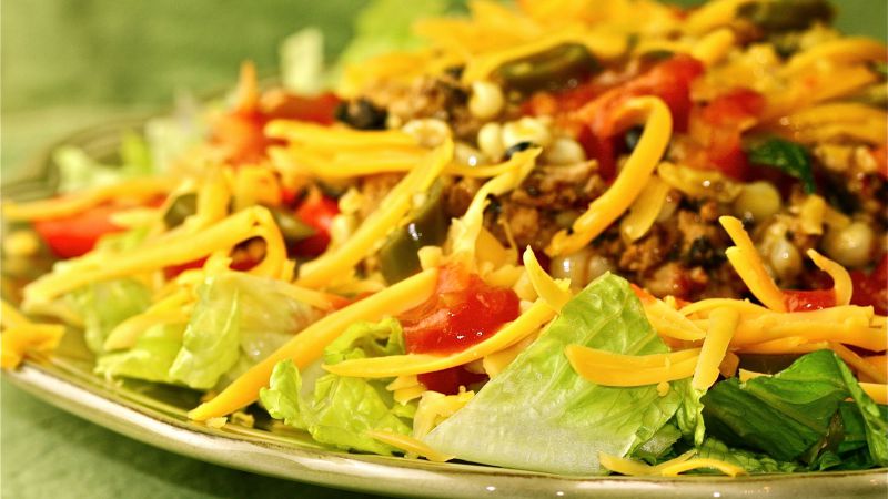 Taco salad, pasta, soybeans, asparagus, tomato (horizontal)