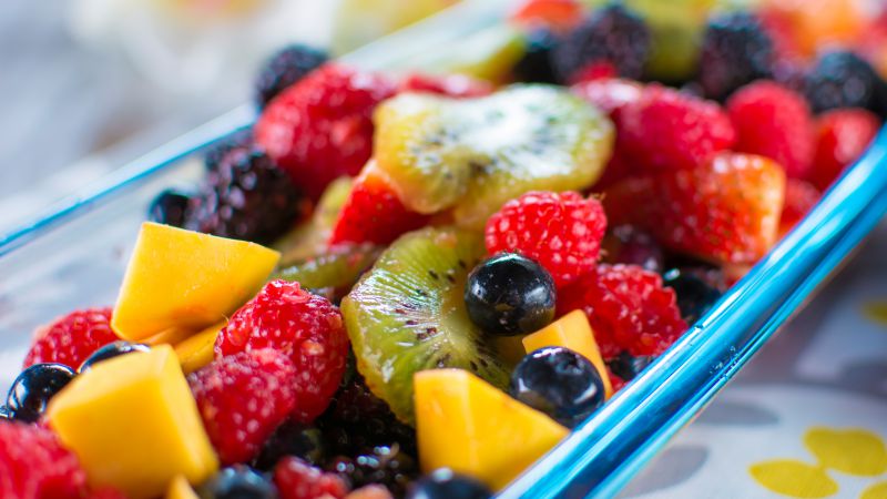 Hawaiian Fresh Fruit Salad, Raspberry, blueberry, kiwi, mango, blackberry, strawberry (horizontal)