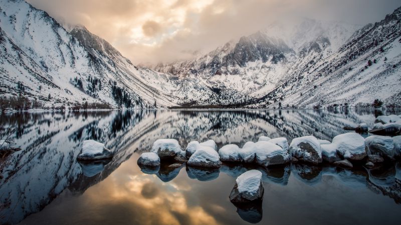 Convict Lake, 4k, HD wallpaper, Mount Morrison, California, Mountains, lake, river, sunset, ice, snow (horizontal)