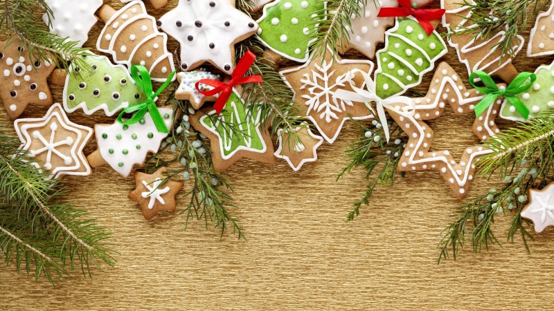 holiday cookies, christmas tree, stars, snowflakes, branch (horizontal)