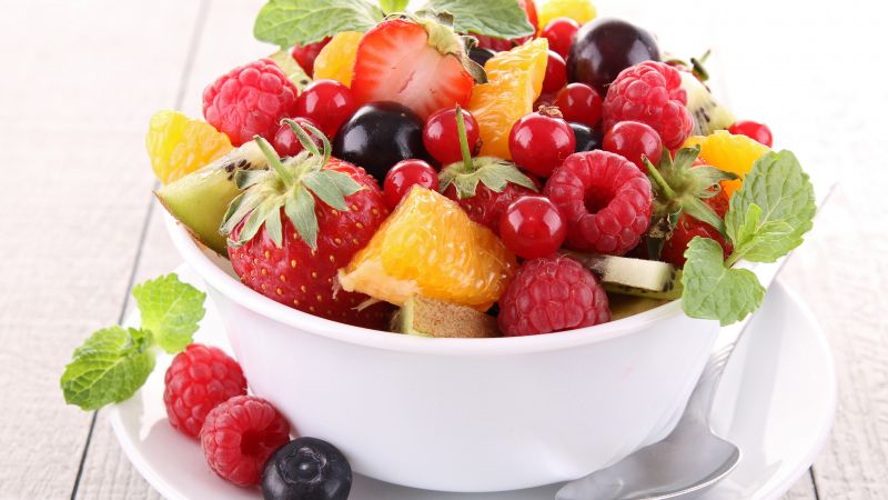 Fruit salad, orange, strawberry, blueberry, raspberry, mint (horizontal)