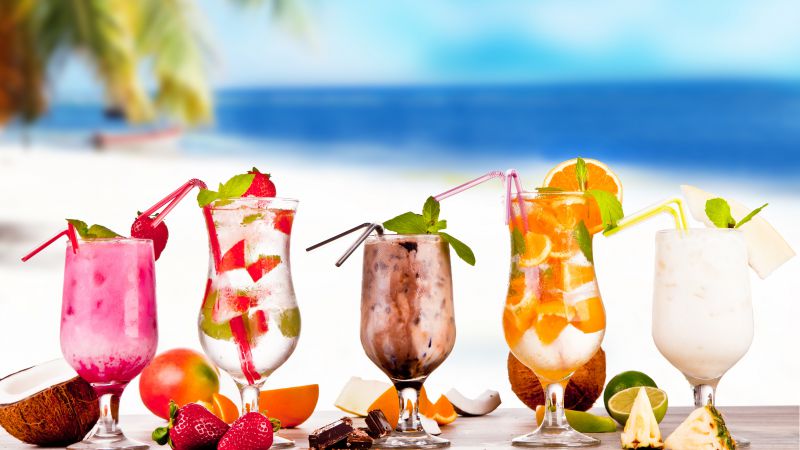 Tropical Cocktail, strawberry, coconut, chocolate, pineapple, lime, orange (horizontal)