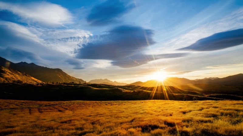 Meadows, HD, 4k wallpaper, mountains, sunset, sky, clouds (horizontal)