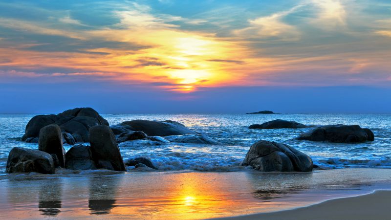 Sea, 5k, 4k wallpaper, 8k, Pacific ocean, Best Beaches in the World, shore, stones, sunset (horizontal)