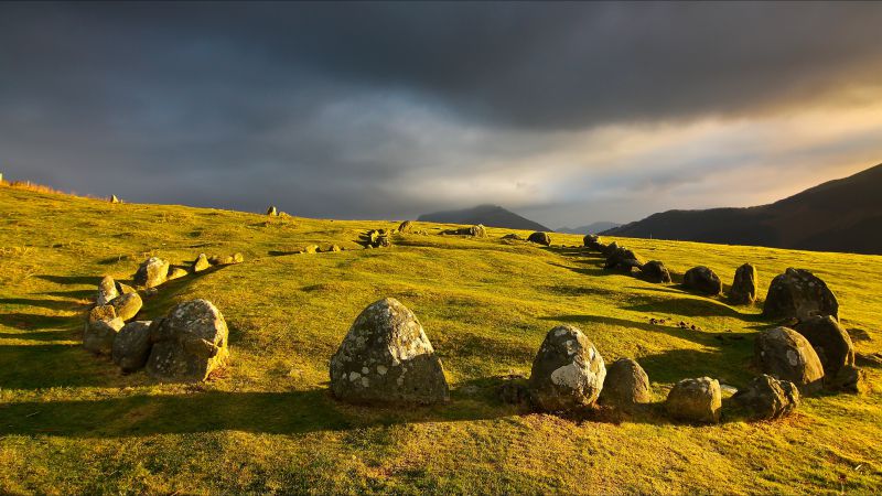 Meadows, 5k, 4k wallpaper, stones, clouds (horizontal)