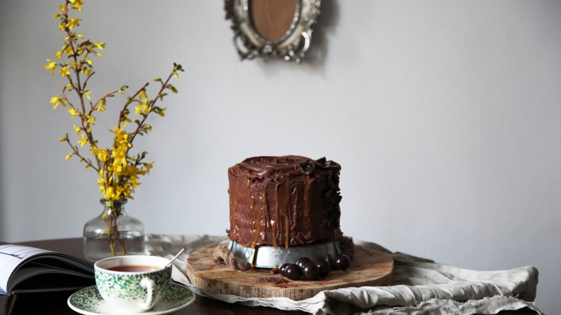 cake, chocolate, cherries, raisins (horizontal)