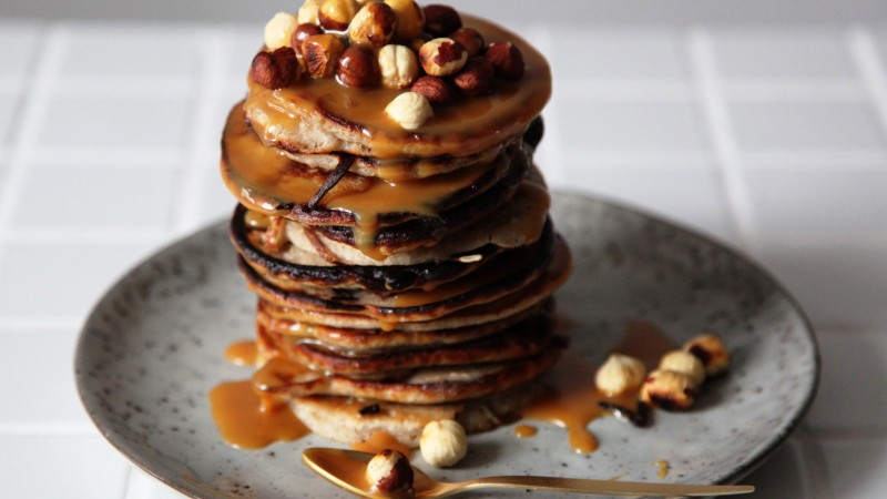 pancakes, buckwheat, milk, syrup, hazelnu (horizontal)