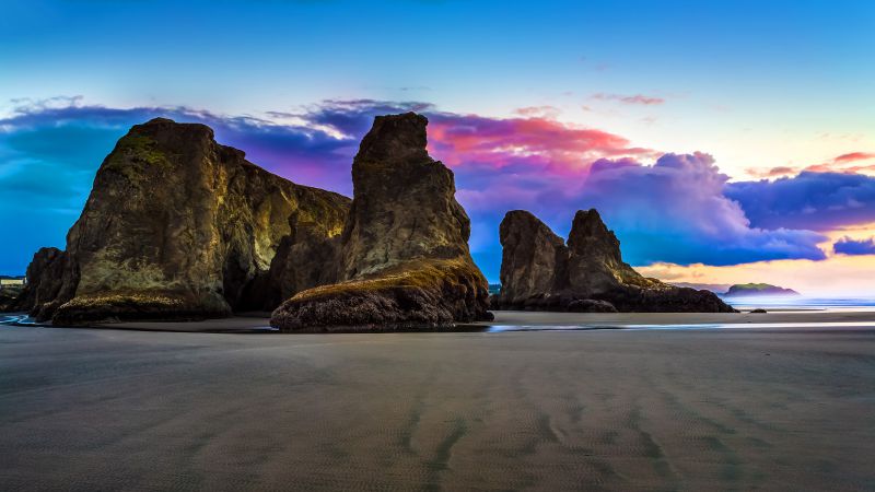 Rocks, 5k, 4k wallpaper, sand, clouds, shore (horizontal)