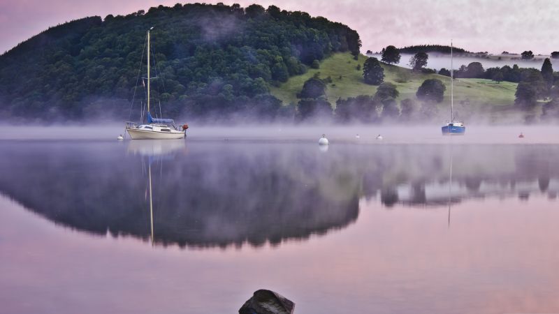 Lake, 4k, 5k wallpaper, fog, hills, boat, reflection (horizontal)