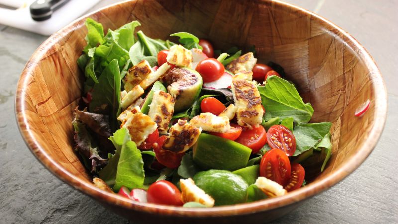 Fried Halloumi Salad, Lettuce, cheese, tomato, radishes (horizontal)