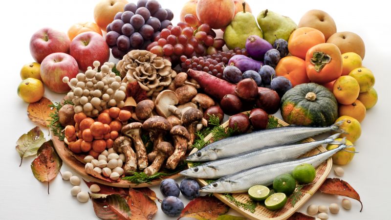 Vegetables, mushrooms, fruit, apple, grape, plum, orange, lime, pear, peach, pistachio, herring (horizontal)