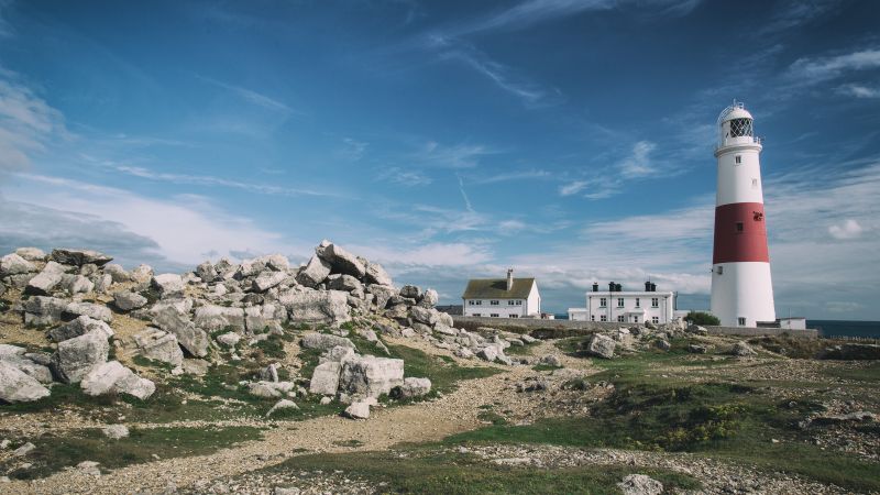 Portland Bill Lighthouse, 4k, 5k wallpaper, Jurassic Coast, Dorset, England, hills, stones, sky (horizontal)