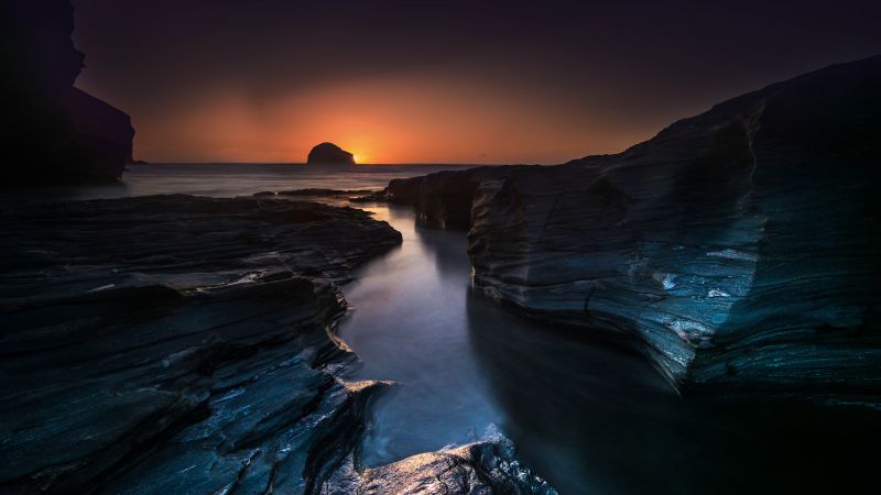 Trebarwith Strand, 4k, 5k wallpaper, 8k, England, travel, tourism, sunset, cliff, sea (horizontal)