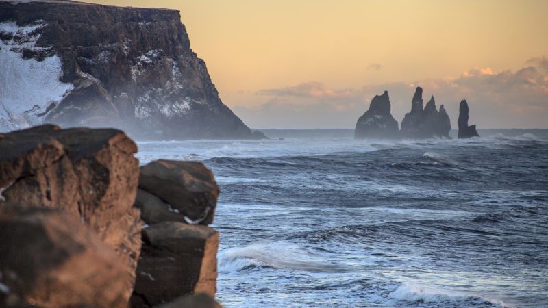 Dyrhólaey, 4k, 5k wallpaper, 8k, Iceland, Reynisdrangar, rocks, shore, sunset (horizontal)