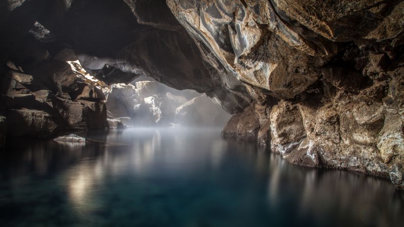 Grjótagjá, 4k, 5k wallpaper, 8k, lake Mývatn, Iceland, rocks, lake (horizontal)