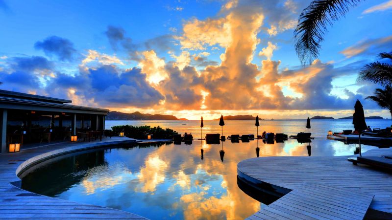 St Barth, 5k, 4k wallpaper, 8k, Hotel Christopher, sunset, pool, travel, tourism (horizontal)