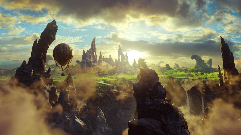 Oz: the Great and Powerful, 4k, 5k wallpaper, fantasy, cliffs, baloon, sky (horizontal)