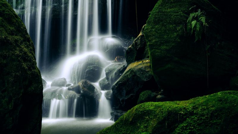 Waterfall, 5k, 4k wallpaper, New Zealand, travel, tourism, lake, rocks, stones (horizontal)