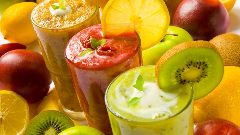 smoothies, fruit, kiwi, apple, orange, strawberry, raspberry, mango,  (horizontal)