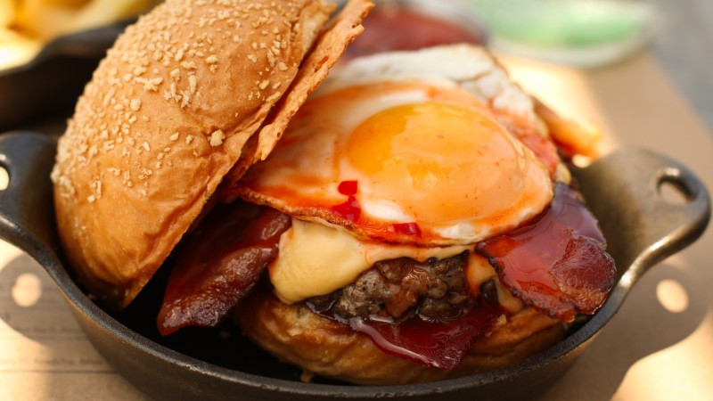 burger, steak, potatoes, eggs, pan,  (horizontal)