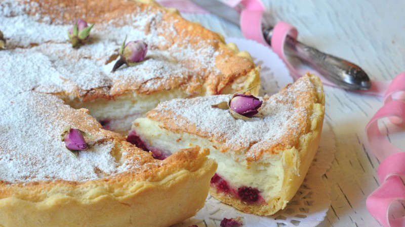 pie, soufflé, raspberry, flowers,  (horizontal)