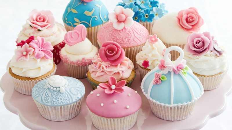 muffins, cream, powdered sugar, flowers, roses, desserts, pastries (horizontal)