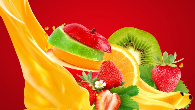 apple, banana, strawberry, orange, juice (horizontal)