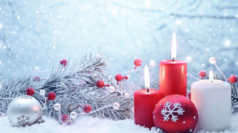 Christmas, New year, candle, balls, fir-tree, snowflakes, snow, decorations (horizontal)