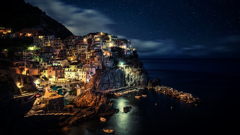 Manarola, Italy, Riomaggiore, province of La Spezia, Liguria, night, blue, water, sea, ocean, boats, sky, twilight, harbor, travel, vacation, booking (horizontal)