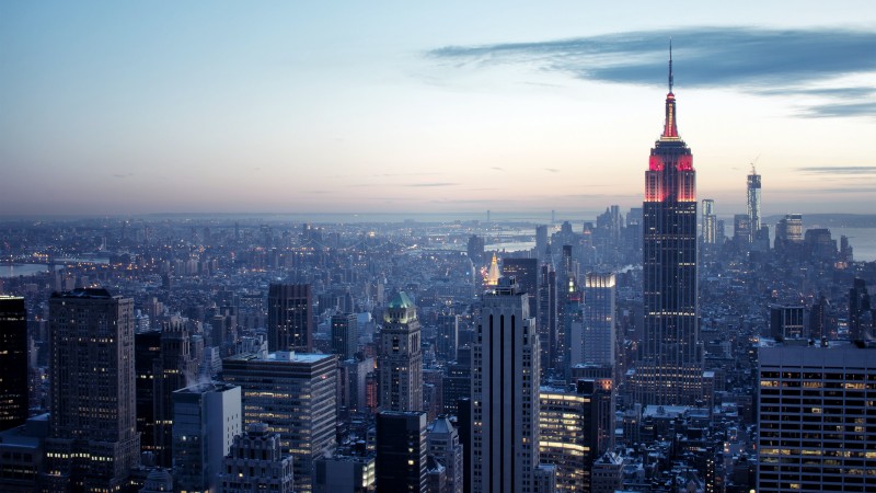 New York, Rockefeller Center, sky, sunrise, light, blue, twilight (horizontal)