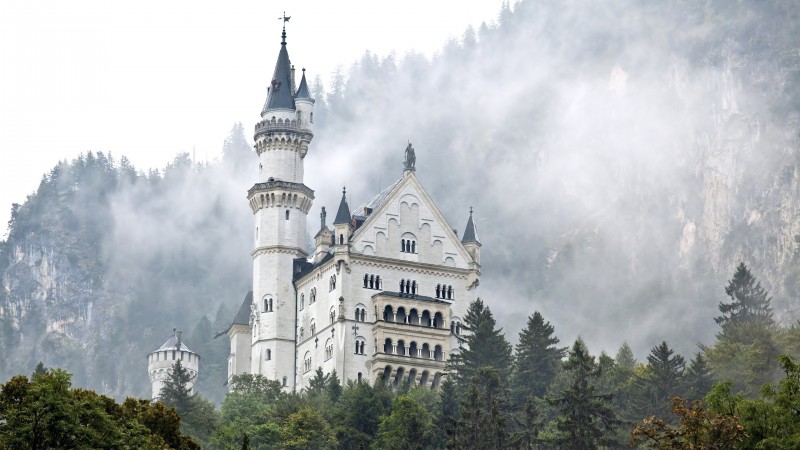 Neuschwanstein castle, Germany, forest, trees, smoke (horizontal)