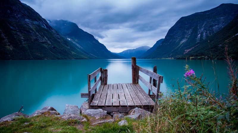 Norway, 5k, 4k wallpaper, bridge, sea, lake, water, blue, sky, clouds, mountain (horizontal)