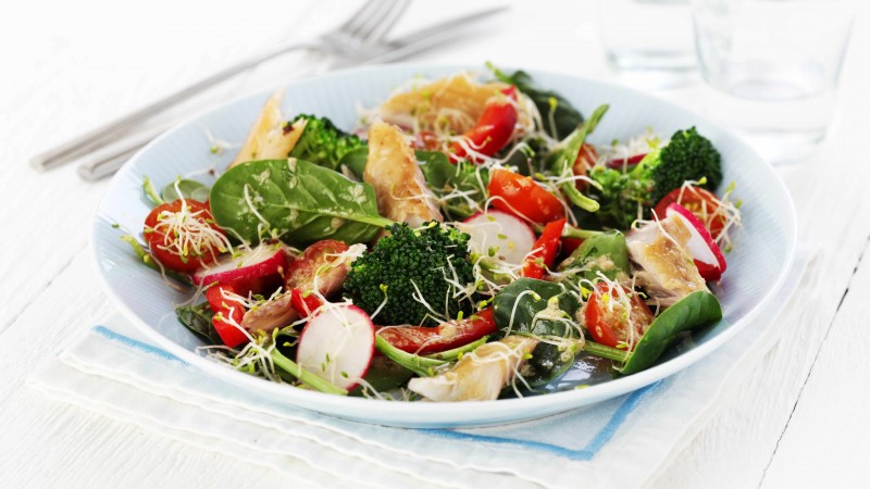 broccoli, spinach, cherry tomatoes, spinach, radishes, turkey, cooking, recipe (horizontal)