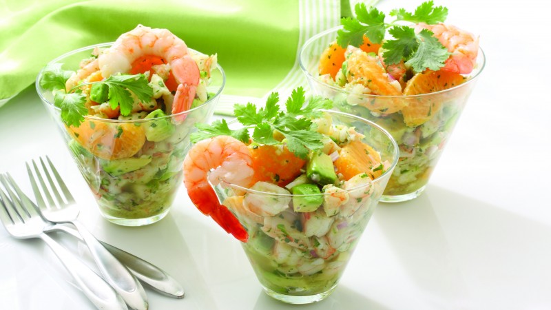 shrimp, mandarin, avocado, onions, greens, cooking, recipe (horizontal)