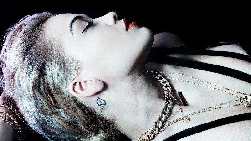 Rita Ora, Actress, Artists, music, red lips, tatoo, white skin, black background, Profile (horizontal)