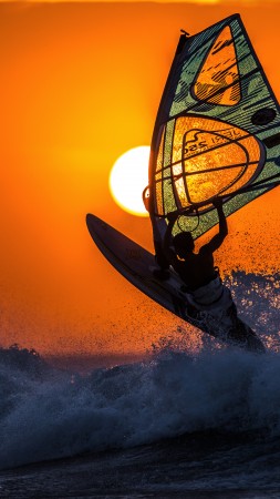 windsurfing, sunset, sky, sea, waves (vertical)