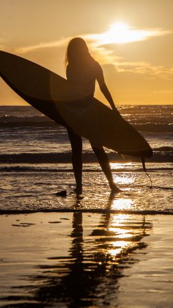 Surfing, girl, sea, wave (vertical)