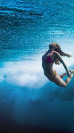 Surfing, girl, sea, underwater (vertical)