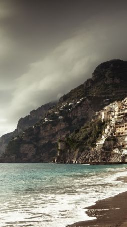 positano coast, 5k, 4k wallpaper, 8k, italy, clouds (vertical)