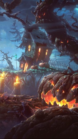 Holiday, Halloween, 31 October, pumpkin host, forest, castle (vertical)