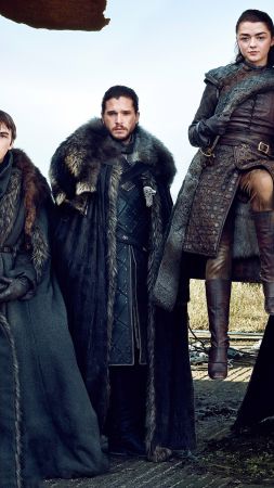 Game of Thrones Season 7, Jon Snow, Arya Stark, Brandon Stark, Sansa Stark, Kit Harington, Maisie Williams, Sophie Turner, TV Series, 4k (vertical)