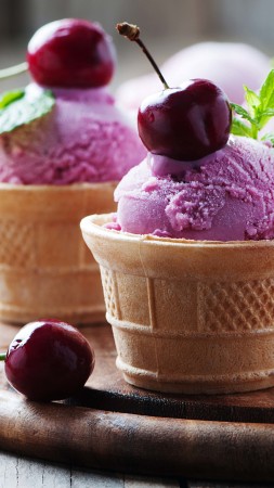 ice cream, cherries, delicious, 4k (vertical)