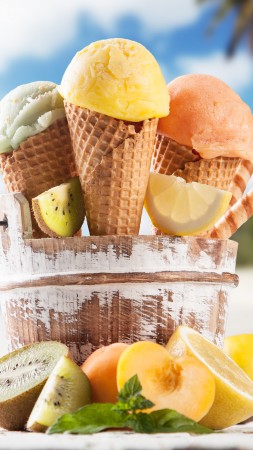 ice cream, beach, lemon, apricot, lime, delicious, 8k (vertical)