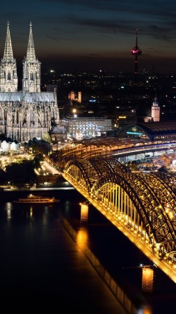 Cologne Cathedral, Hohenzollern bridge, Germany, Cologne, Europe, night, 5k (vertical)