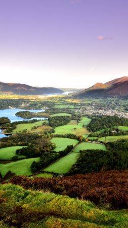 Keswick, mountains, lake, field, trees, 8k (vertical)