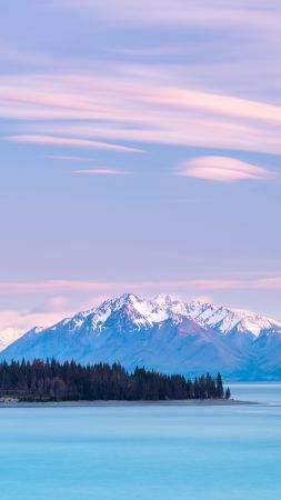 Lake Tekapo, New Zealand, mountains, sky clouds, 8k (vertical)