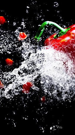 paprika, water, splash, vegetables, 4k (vertical)