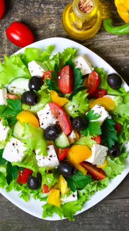 Greek, cooking, recipe, lettuce, tomatoes, paprika, olives, feta, 4k (vertical)